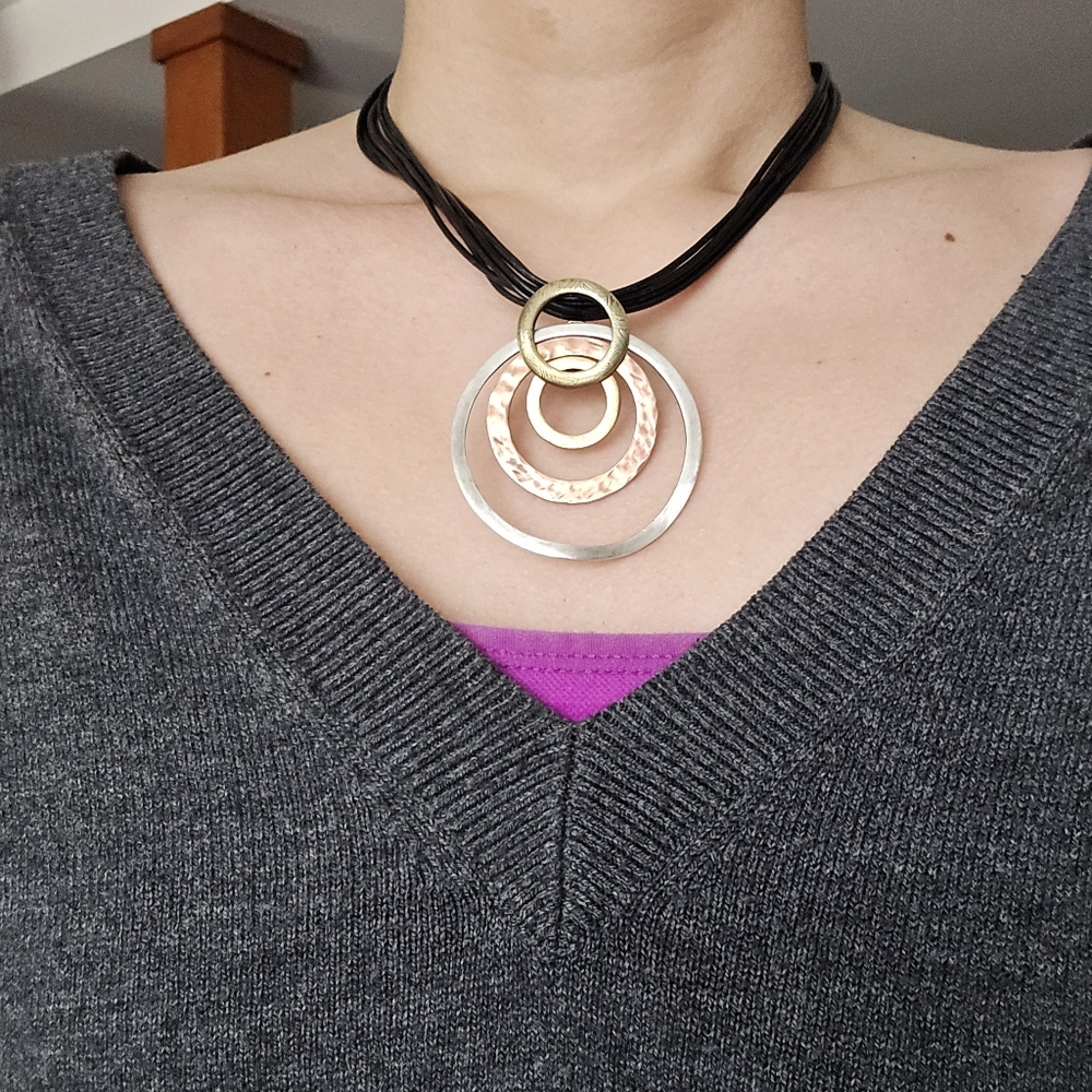 Vintage Chico's Copper, Brass & Silver Geometric Cord Statement Necklace